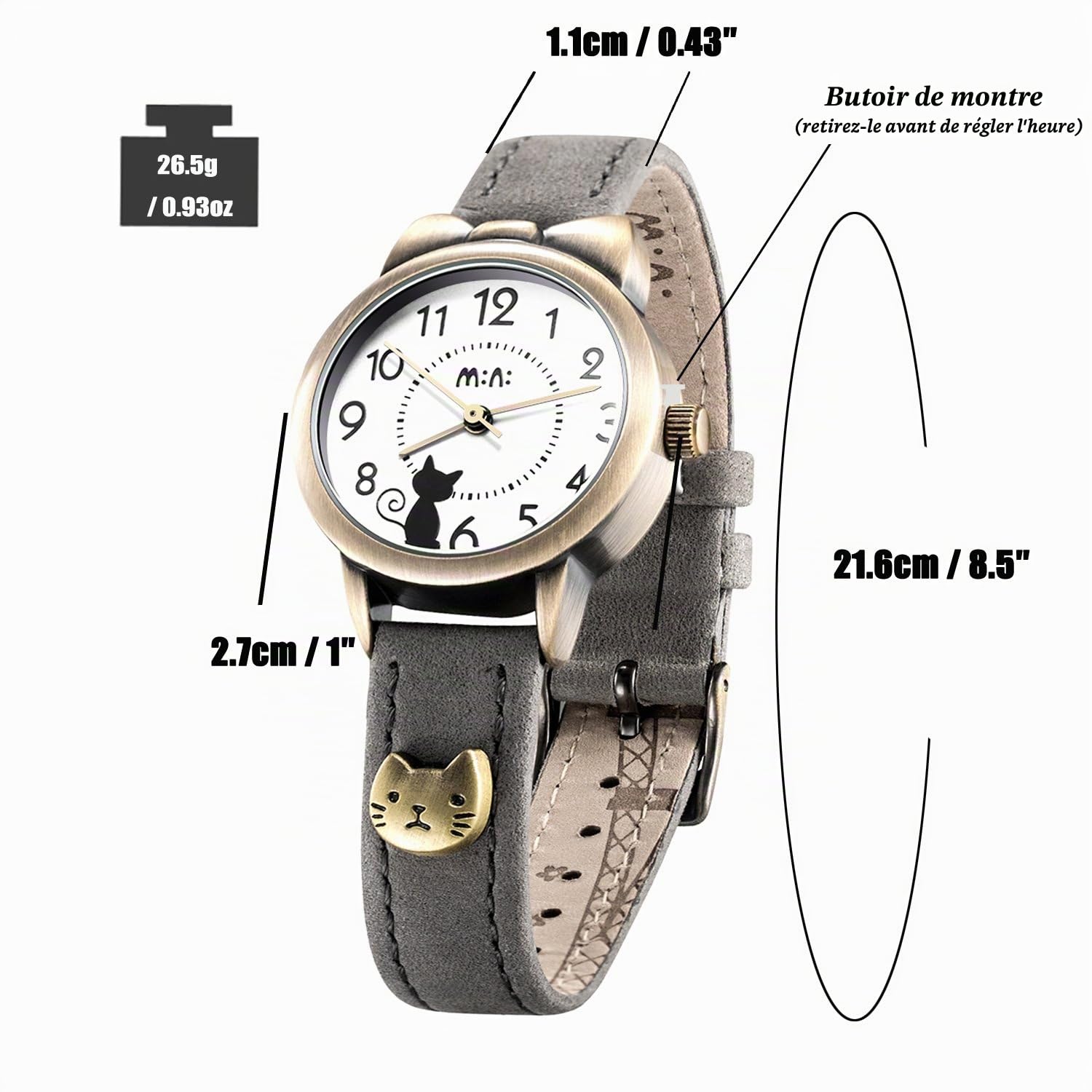 DREAMING Q&P fq-234 Mignon Montre à La Mode pour Filles Femme,Thème de Petit Chaton,Bracelet en Cuir véritable