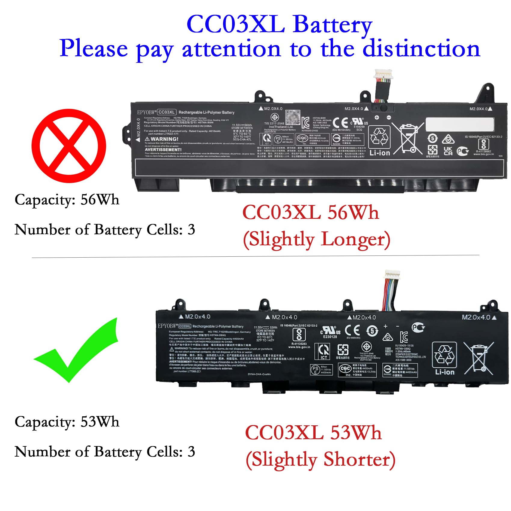 Amazon.com: EPYOBW CC03XL Laptop Battery 53Wh Compatible with HP