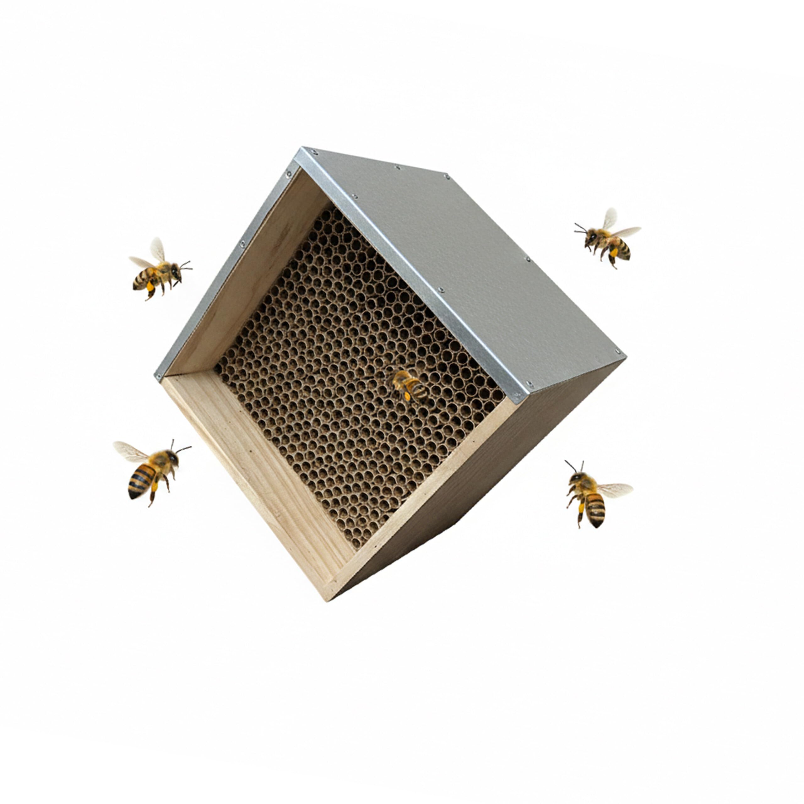 Relaxdays Natural/Silver Bee Hotel With Pine Wood, Galvanised Metal Roof, Reed & Bamboo Tubes, Hanging Insect House, 31