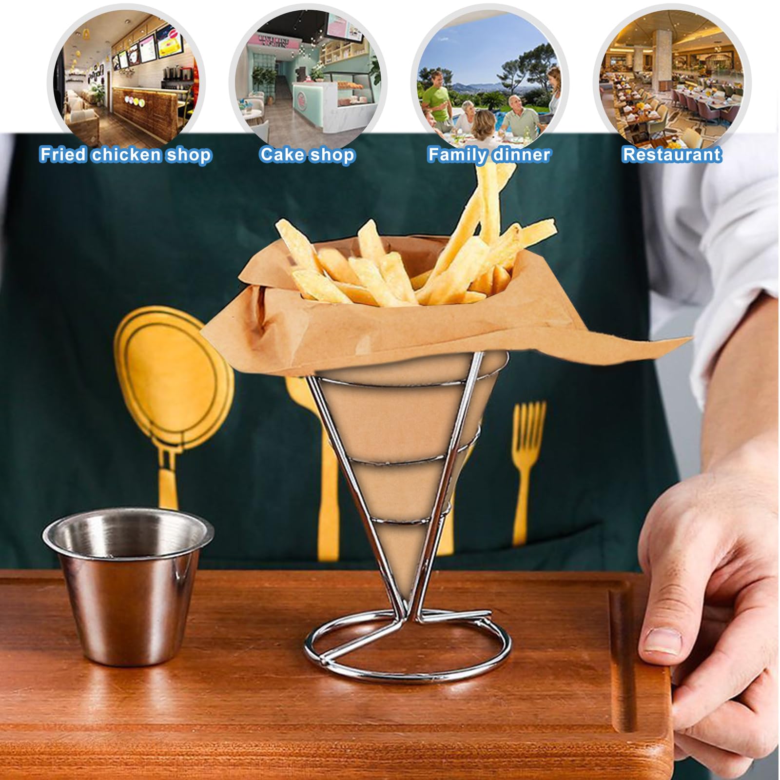 CNQLIS 4Pcs French Fry Holder French Cone French Fries Basket with Sauce Cup Metal Wire French Fry Holder with 200 Delicatessen Greaseproof Paper for Holiday Parties, Celebrations