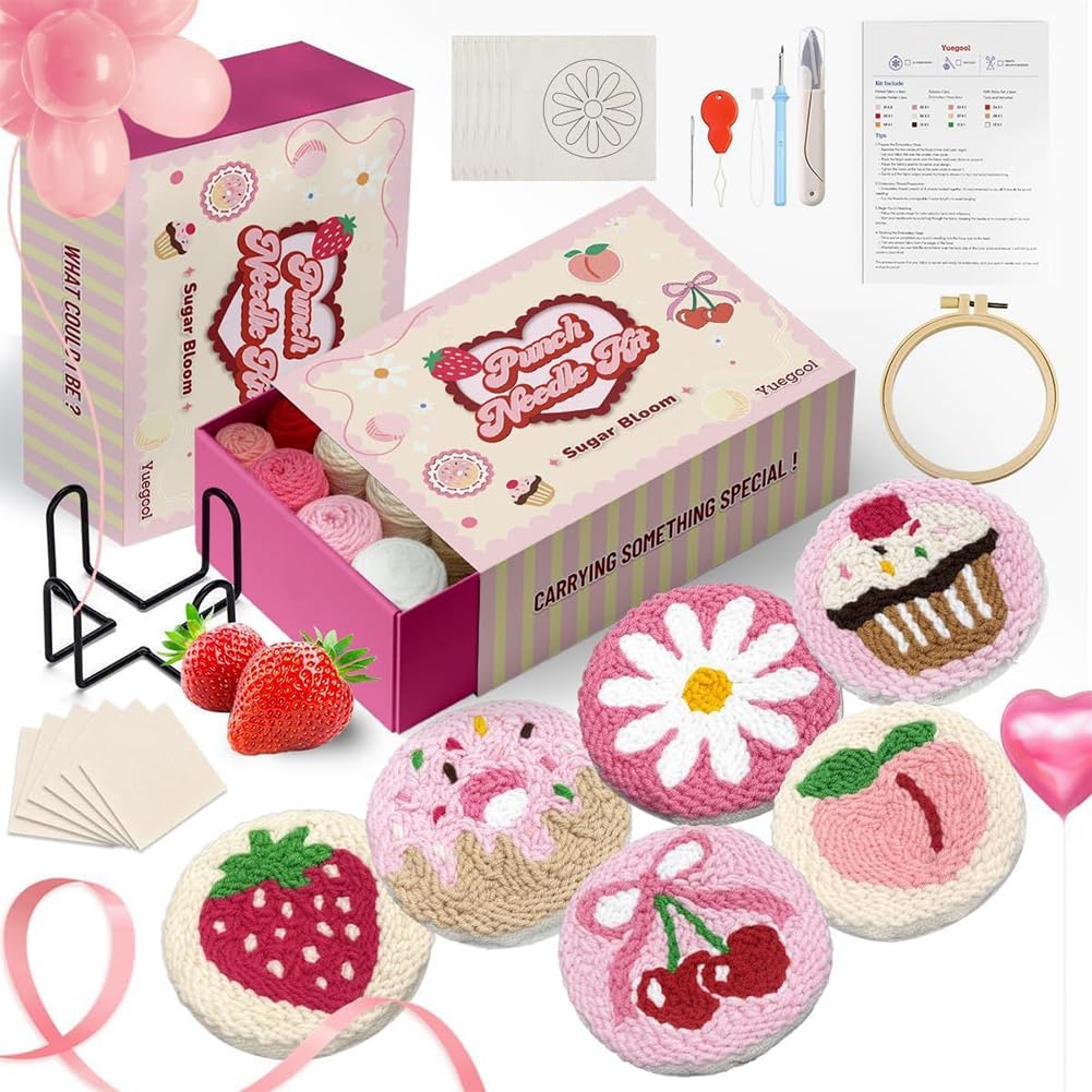 Yuelulalal 6PCS Punch Needle Coaster Kit,Easy DIY Embroidery Set for Beginners, Adults with Patterns, Tools, Yarns, Hoop, Tools Coaster Holder Instruction (A184-1)