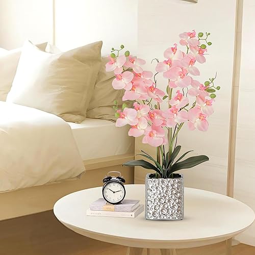 Miniatura 5 de Flores artificiales de orquídea con jarrón plateado, flores de falaenopsis de seda sintética grande para mesa de comedor, centros de mesa florales,