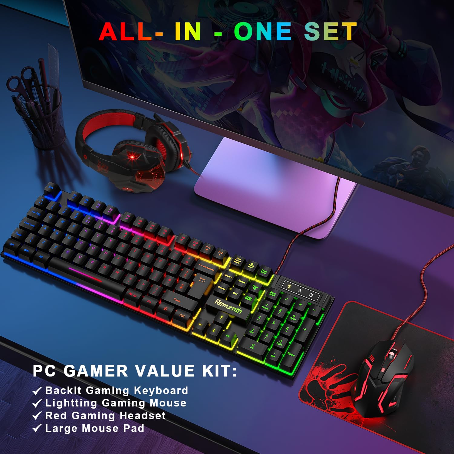 Set di tastiera e mouse da gioco con cuffie, layout UK, tastiera cablata retroilluminata RGB, mouse da gioco ergonomico a LED a 4 colori, cuffie over-ear, tappetino per mouse grande, USB Plug