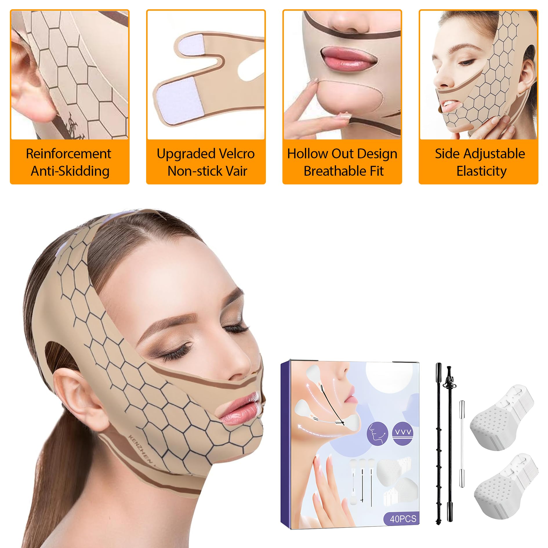 V Line Face Lifting Chin Mask Face Bands Chin Strap for Sleeping Color Double Chin Reducer Jaw Strap for Sleeping 20g Suitable for Female Jaw Exerciser 40 Lifting Patches - Image 3