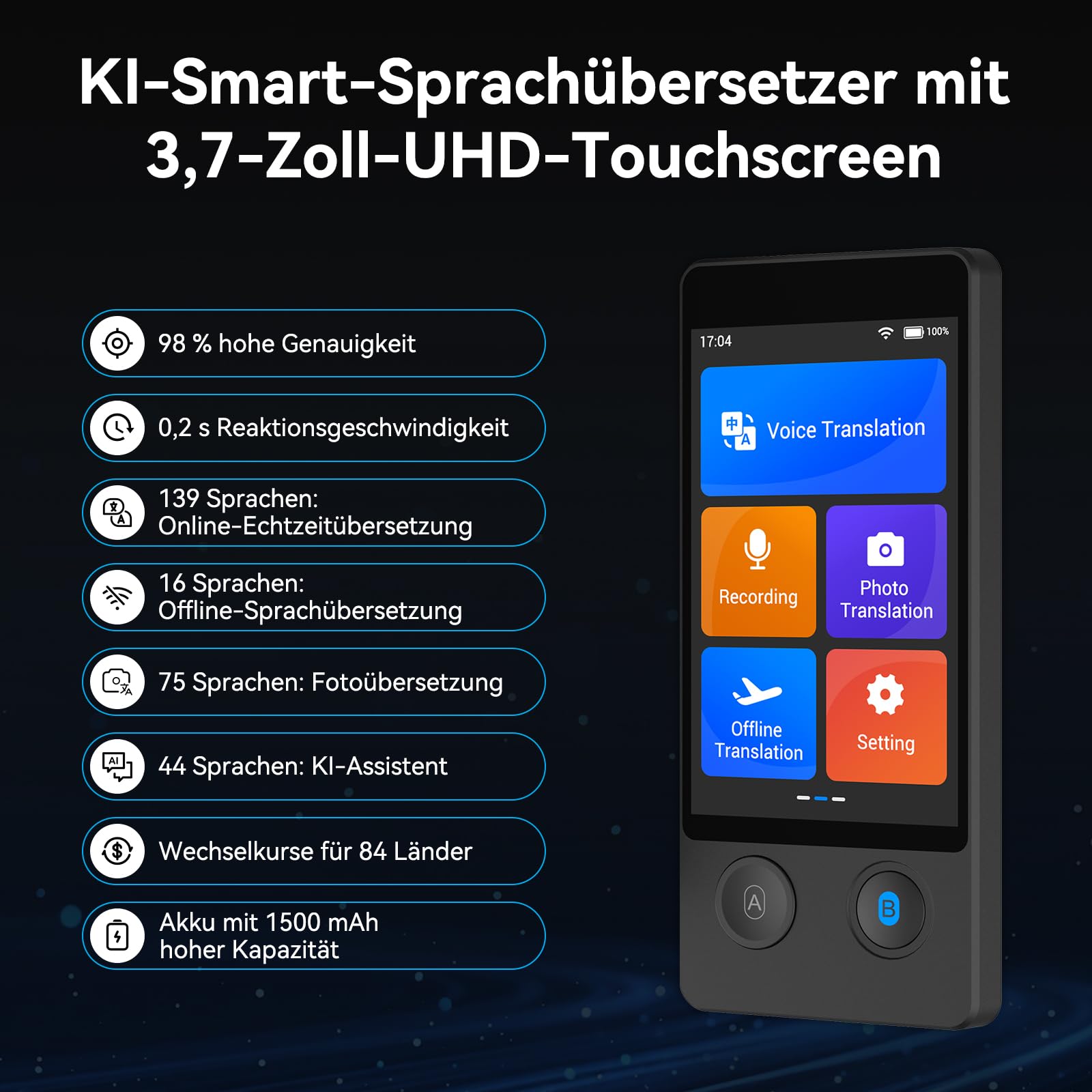Wooask W12 Sprachübersetzer, 140 Sprachen Echtzeit Online/Offline/ChatGPT/Foto Unterstützung