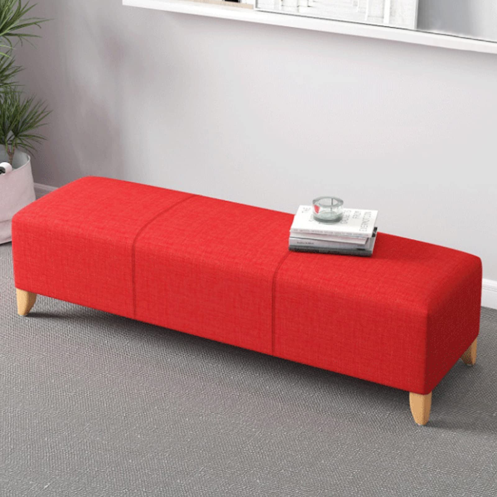 Banc ottoman rectangulaire rouge 60x40x40 cm rembourré en coton et lin