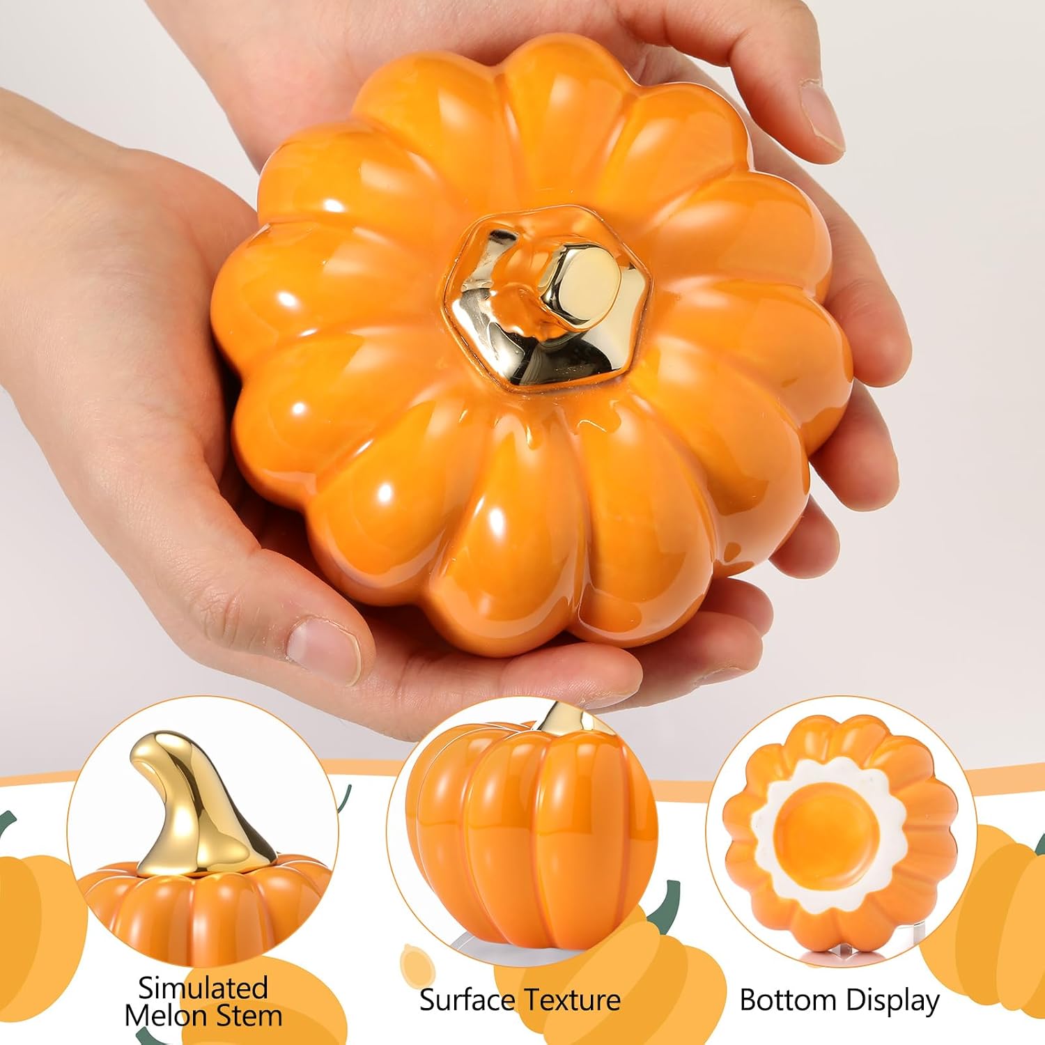 Qinyoung 2 Pcs Ceramic Pumpkins for Home Decor Thanksgiving Artificial Pumpkins Figurines Tall and Short Modern Minimalist Fall Decor for Autumn Party, Shelf, Table, Rustic Wedding(Orange)