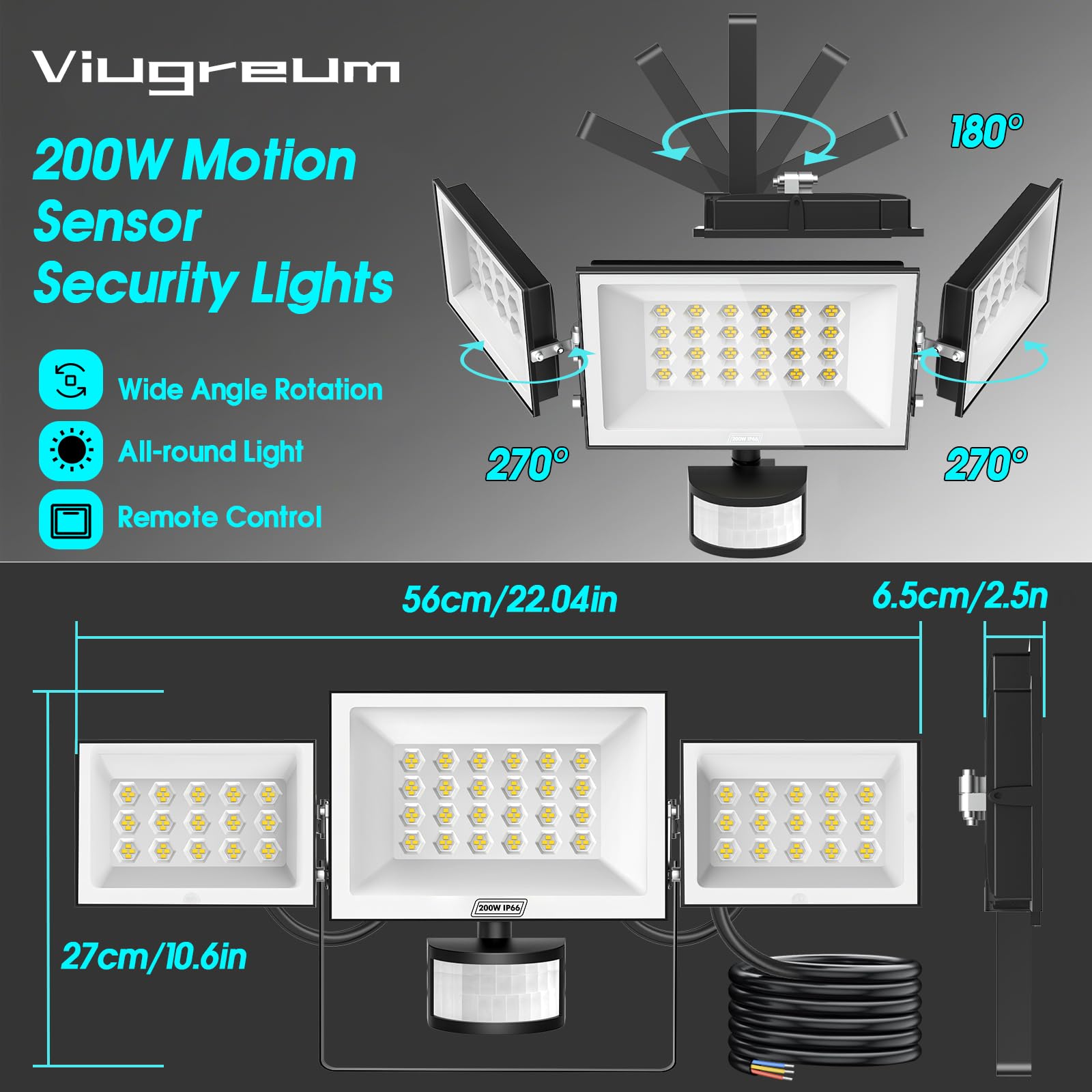 Viugreum 200w led strahler mit bewegungsmelder außen, 30000 LM led außenstrahler mit Fernbedienung, 6500K Drei-Kopf flutlichtstrahler außen, IP66 wasserdicht, 216 Wabenlampenperlen für Garage, Garten