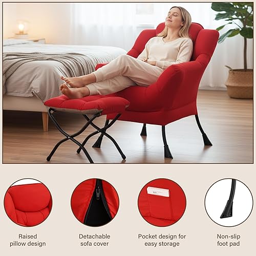 Vista 4 de Welnow - Silla perezosa con otomana, moderna silla de descanso con reposabrazos y bolsillo lateral, juego de sillón tapizado de ocio, sillón de Rojo