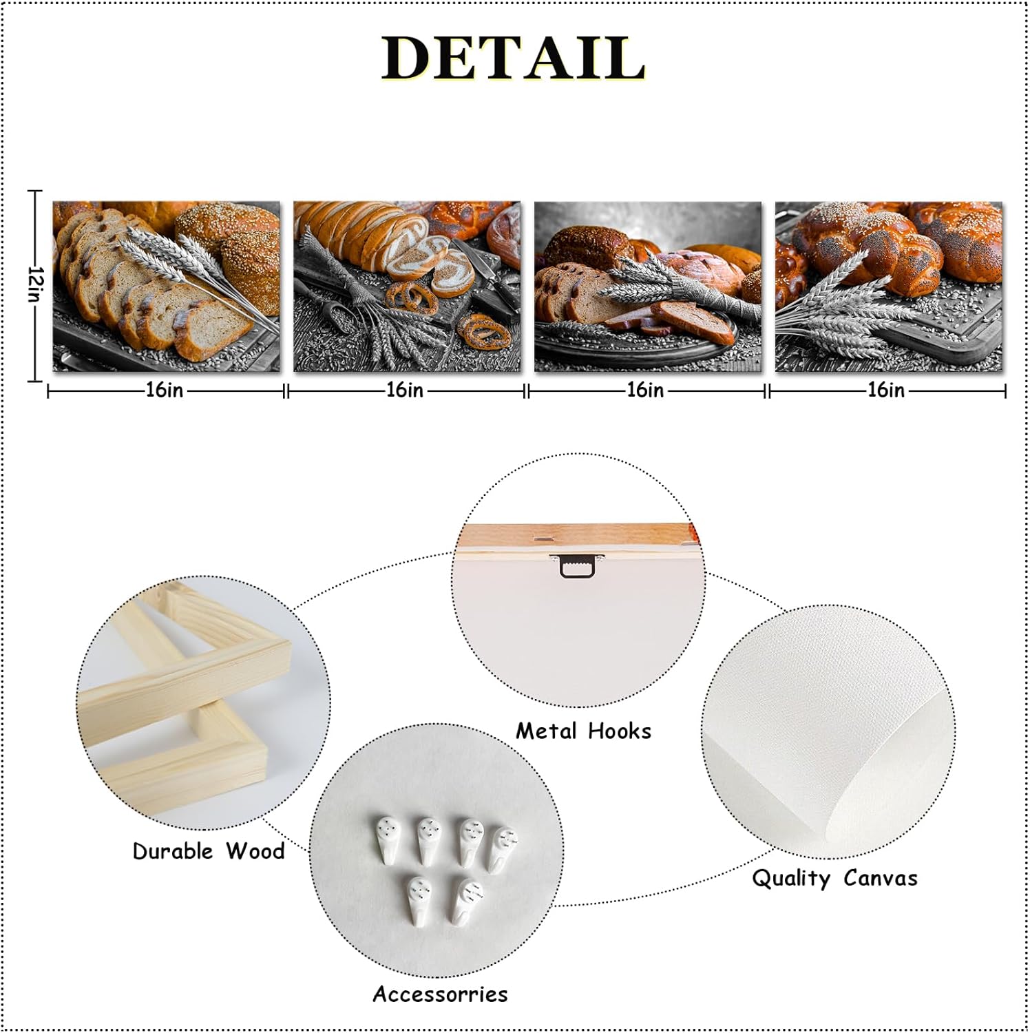 iLOOKLiKE 4 Pieces Black and White Kitchen Wall Art Bread with Wheat Ears Canvas Prints Modern Food Pictures Painting Framed for Home Decor Dining Room Living Room Ready to Hang 12x16inchx4pcs