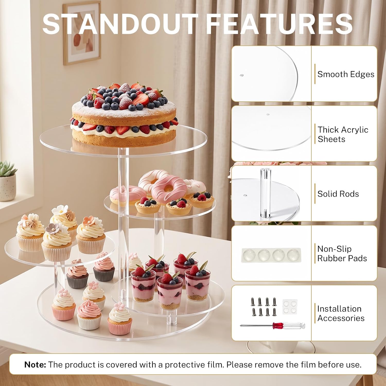 Cupcake Stand, 4 Tier Acrylic Cake Stand,12 in Clear Tiered Cupcake Tower Stands for 50 Cupcakes,Round Cake and Cupcake Stand Combo,Tiered Serving Trays for Home Decor Wedding Birthday Party
