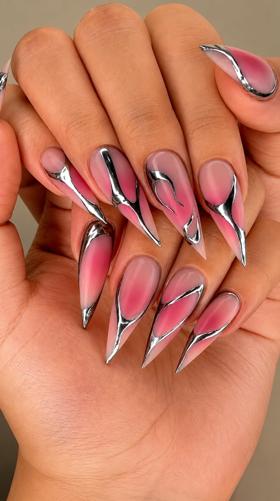 Press on Nails Stiletto, Pink Ombre with Silver Chrome Design | 12 Piece Set, Glue Included, Reusable, Nail File & Prep Pad, Long Stiletto Shape-image-27