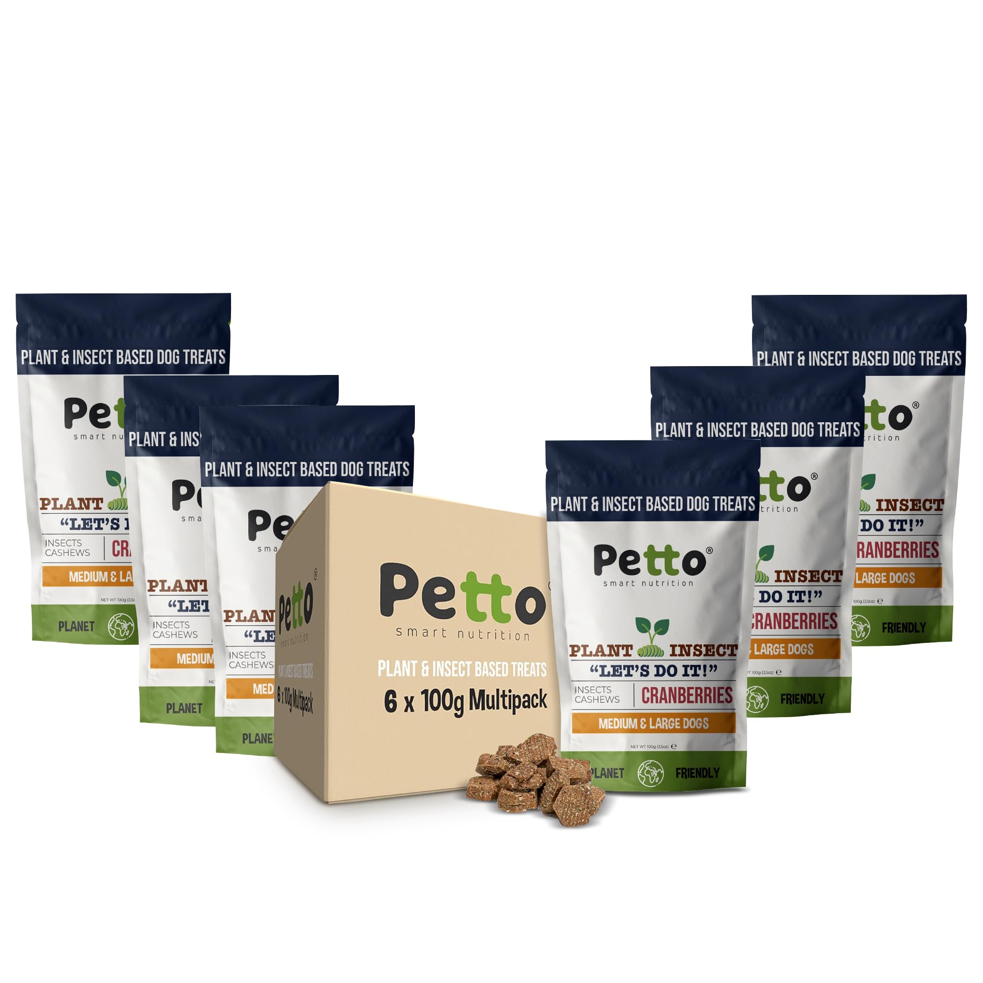 Petto Plant & Insect Based Hypoallergenic Dog Treats 6 x 100g | Healthy & Meat-Free Training Bites | Human Grade & Bakery Made with Crickets, Cashews & Cranberries