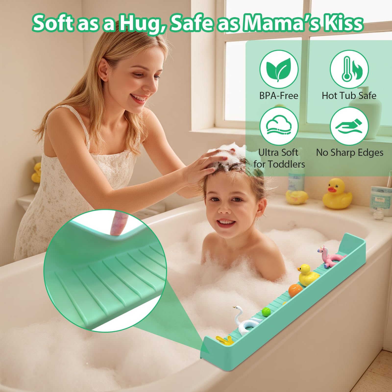 Paraspruzzi per vasca da bagno per bambini, barriera d'acqua extra larga 80 cm e vassoio da gioco, organizer sicuro per giocattoli, in silicone facile da pulire con ventose, accessori per