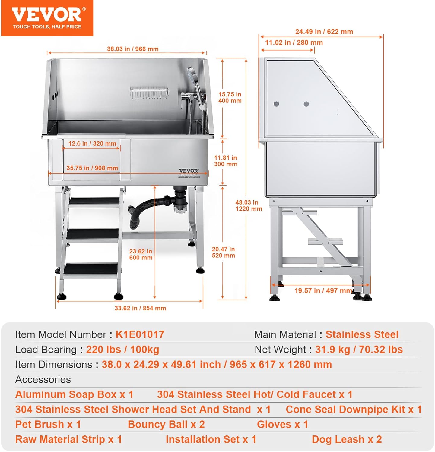 VEVOR 38" Pet Dog Bathing Station w/Ramp, Professional Stainless Steel Dog Grooming Tub w/Storage Drawer, Floor Grate, Faucet, Dog Bathtub for Large,Medium,Small Pets, Washing Sink for Home(Left)
