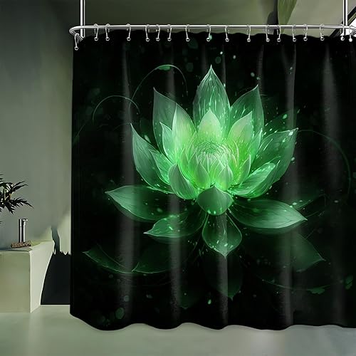 Miniatura 56 de Cortina de ducha negra y dorada con flores de loto amarillo dorado para juegos de decoración de baño, tela impermeable con ganchos, 70 x 72 pulgadas