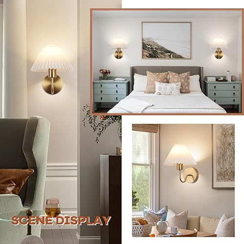 Miniatura 7 de Juego de 2 apliques de pared inalámbricos, plisados, recargables, funciona con pilas, luces de pared doradas, cuello de cisne retro, apliques de