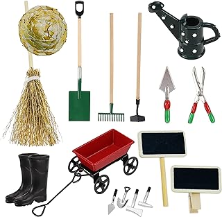 Cayway 16 PCS Miniature Dollhouse Set Garden Tools, Miniature Dollhouse Garden, Garden Shovel, Rain Boots, Straw Hat, Broom for DIY Miniature Fairy House Garden Tools
