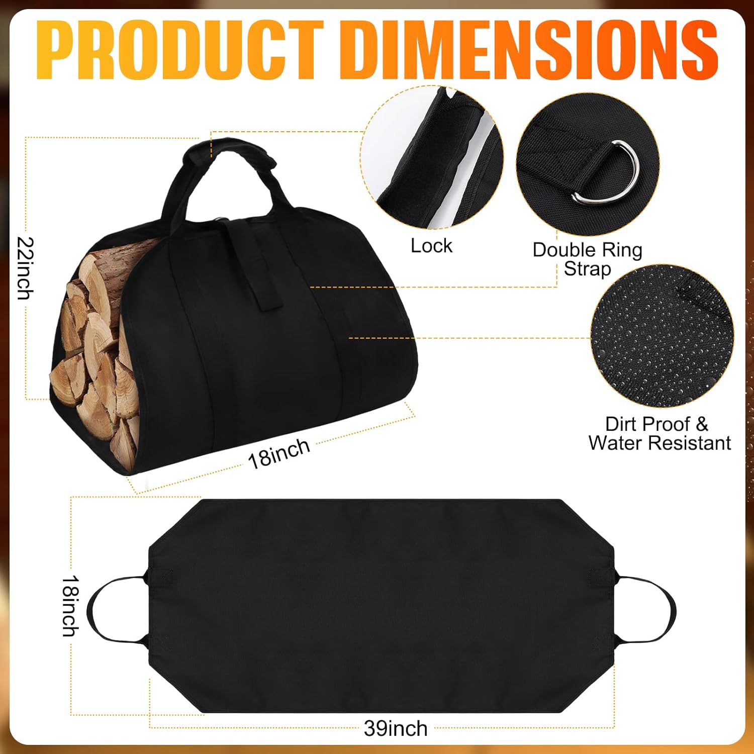 Relaxweex 3 Pcs Fireproof Hearth Rug Fireplace Rug, Fireplace Gloves, Canvas Firewood Carrier Logs Tote Set, Fire Resistant Half Round Hearth Mat, Protect Floor Patio from Sparks Embers(60 x 28 Inch)