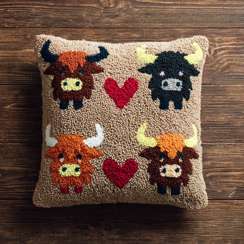 Latch Hook Kits Pillowcase Embroidery Kit,Love and Highland cattle