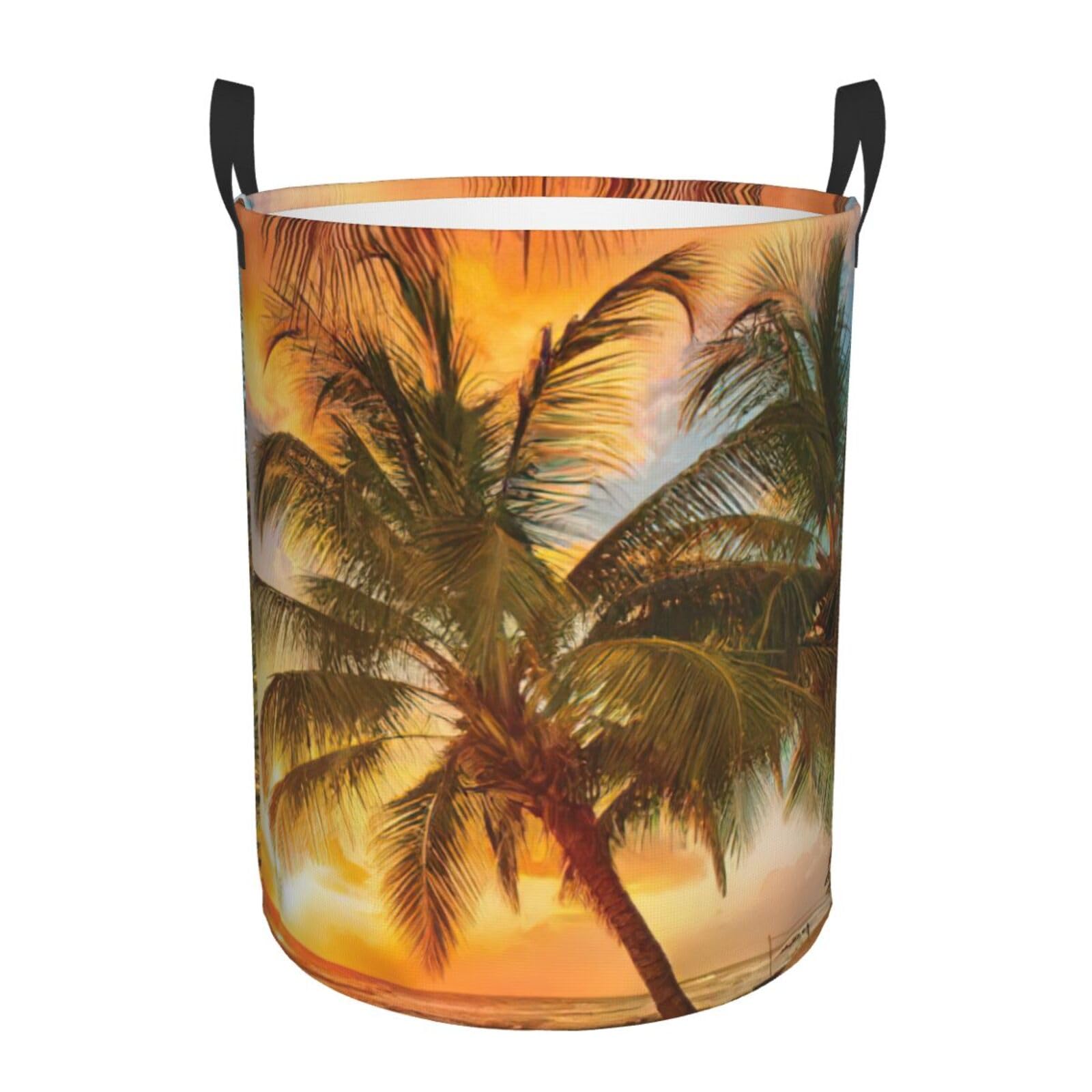 Panier à linge haut pliable grand volume motif plage tropicale et soleil