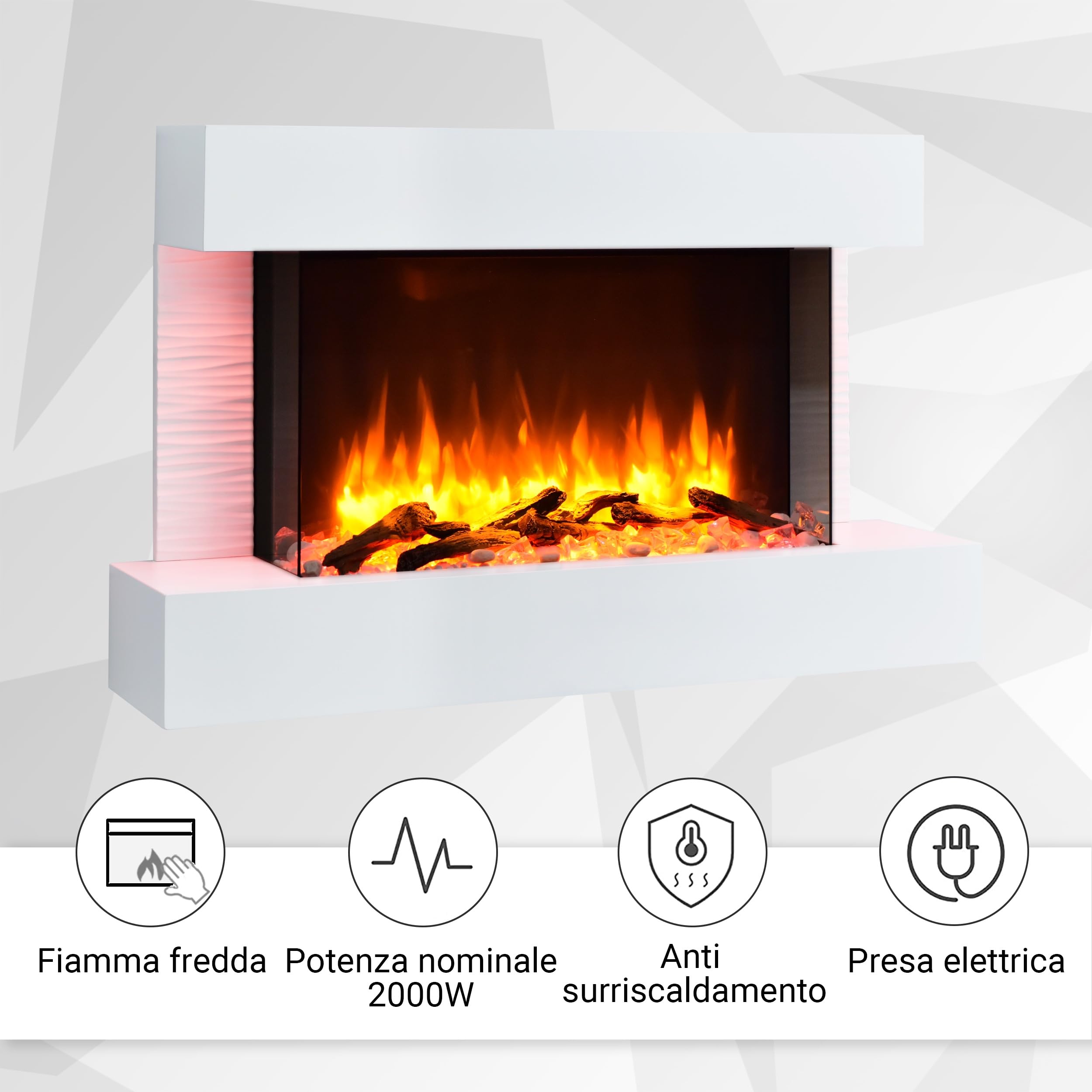 BALDERIA Camino elettrico Aidan, camino elettrico con effetto fiamma 3D, riscaldamento elettrico 2000 W, illuminazione a LED, camino con telecomando, timer, controllo di avviamento e termostato