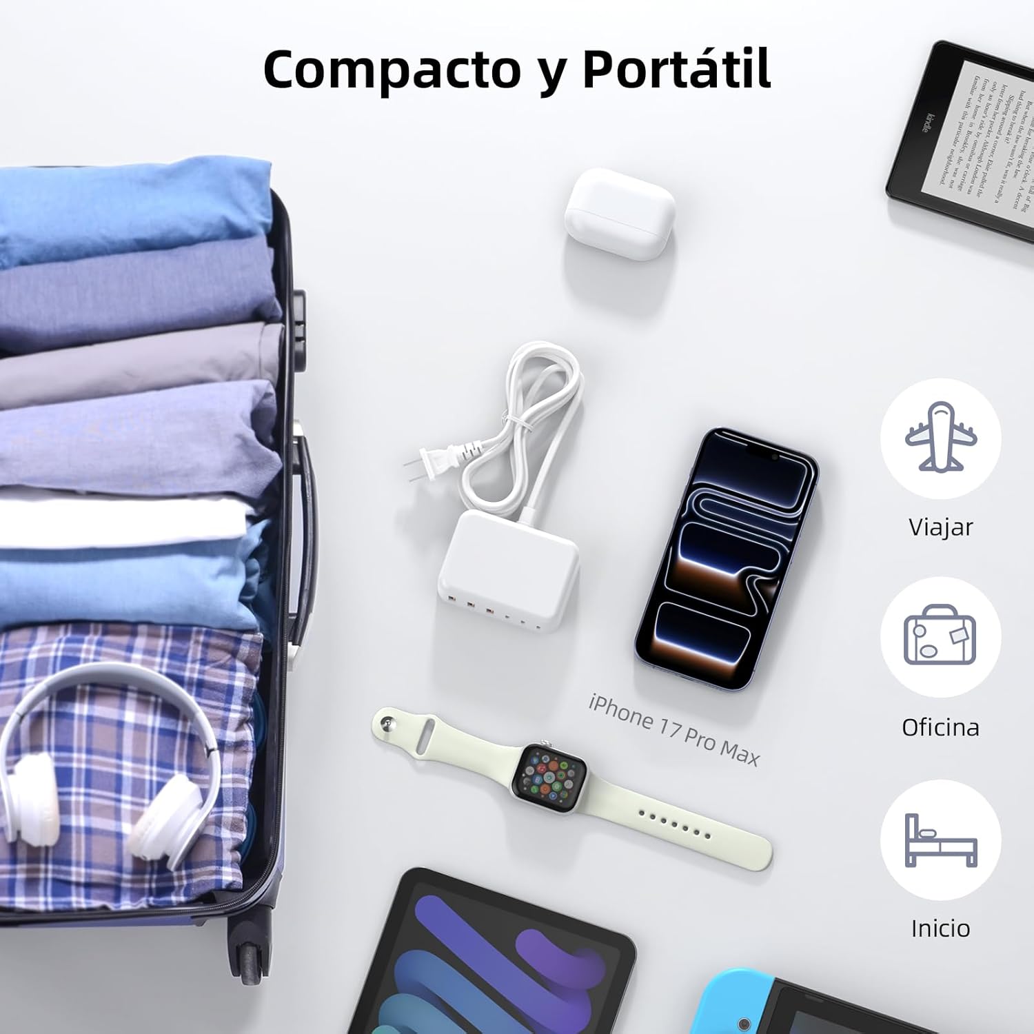 USB C Charger Block, 100W GaN 6 Port PD USB C QC USB A Wall Charger Adapter Plug Cube, Super Fast Type C Charging Station Hub for iPhone 17 16 15 14 13 Pro Max iPad Samsung Pixel 5ft Extension Cord - Image 5