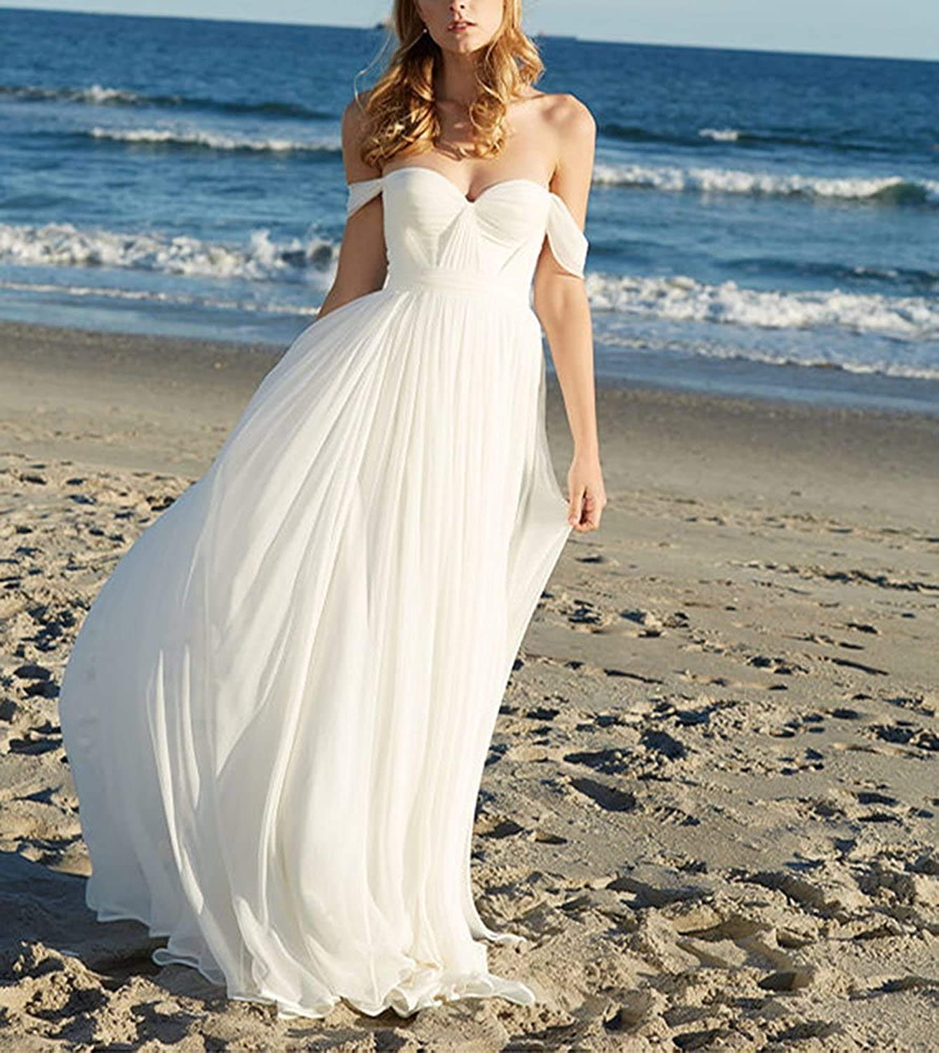 Off Shoulder Chiffon Brautmode Abendkleider Strandkleider Schulterfrei A-Linie Lang, Elfenbein, 40
