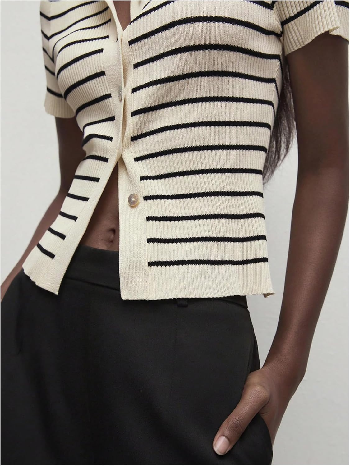 Verdusa Women's Old Money Striped Knit Tops Button Down Short Sleeve Sweaters Collared Tee Tops - Image 5