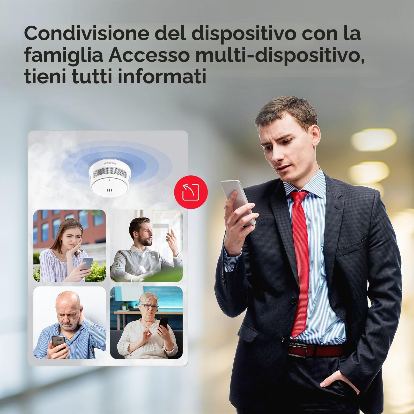 Wisualarm Rilevatore di Fumo Intelligente (con Gateway), Rilevatore di Fumo Connesso per uso Domestico, Notifiche dell'app Wisualarm, Conforme alla Norma EN14604 (5 rilevatori di fumo + 1 gateway)