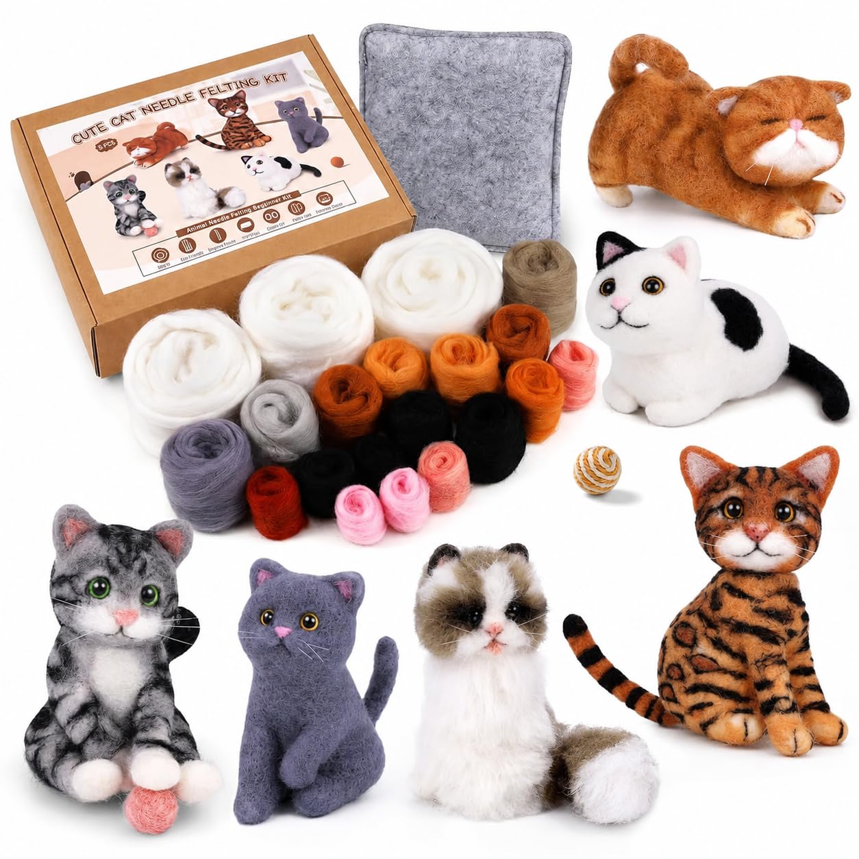 Mayboos 6 Pcs Needle Felting Kit, Felting Kits for Beginners (Cute Cat)