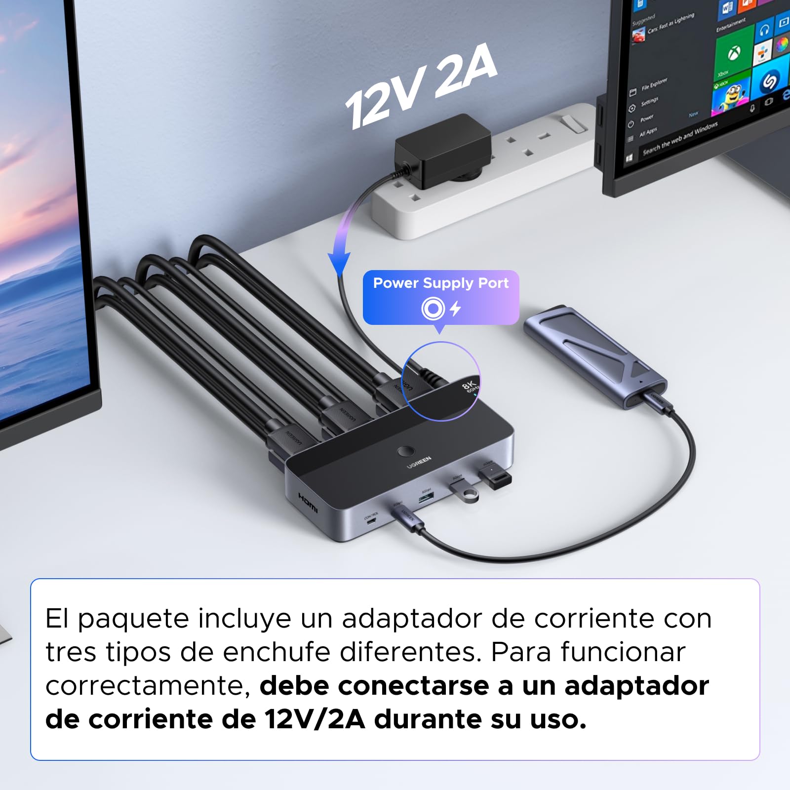 UGREEN Switch HDMI KVM 2 Entradas 2 Salidas 8K 60Hz con 2 Pantalla | Conmutador KVM 4 Puertos USB 3A1C 5Gbps para Teclado Ratón y Disco Duro Control de Escritorio y Cables HDMI 2.1 Incluidos