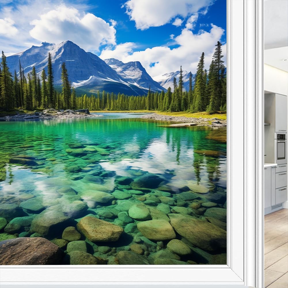 Beautiful Mountain Lake Window Film Decorative Turquoise Grove Natural Landscape Stained Glass Window Film Sun Blocking Heat Control No Glue Window Covering Film for Home 70x120cm