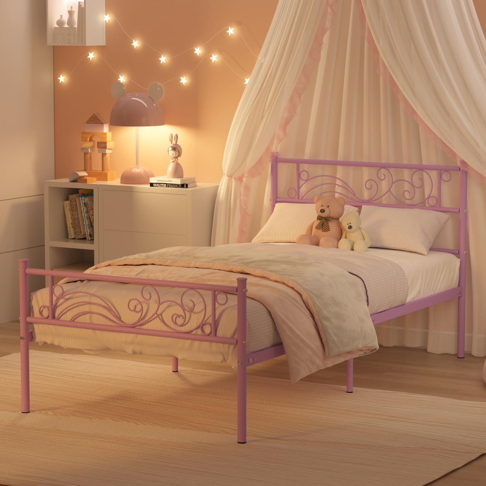 Letto Matrimoniale Con Contenitore E Testiera A Ripiani Weehom – Struttura In Metallo Rosa, Nessuna Molla Necessaria - 4