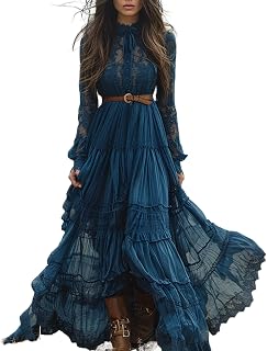 Womens Vintage Pastoral Boho Floral Maxi Dress V-Neck Long Sleeve Dress Western Tunic Ruffle Tiered Flowy Dresses
