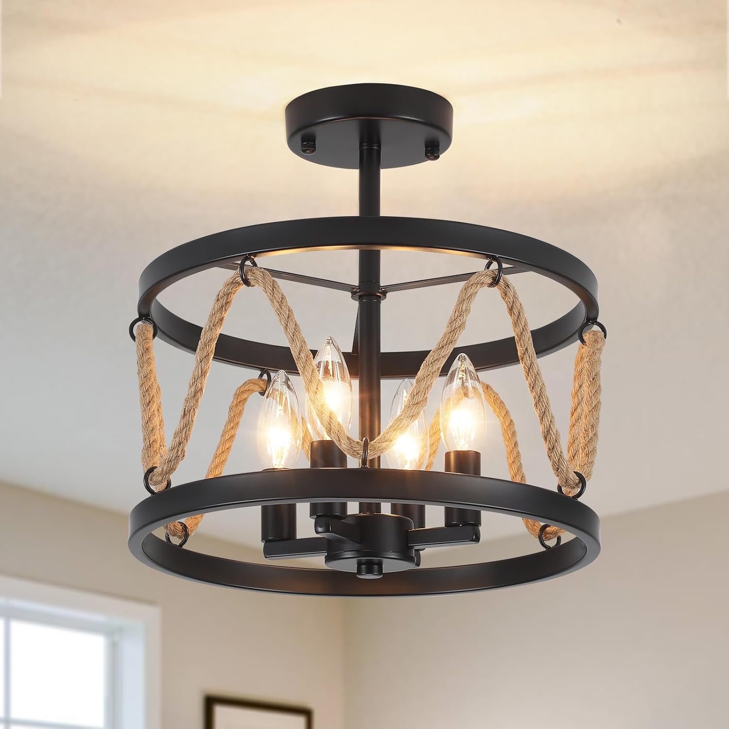 MEIJIA Black Semi Flush Mount Ceiling Light Fixture 4 Light Farmhouse ...