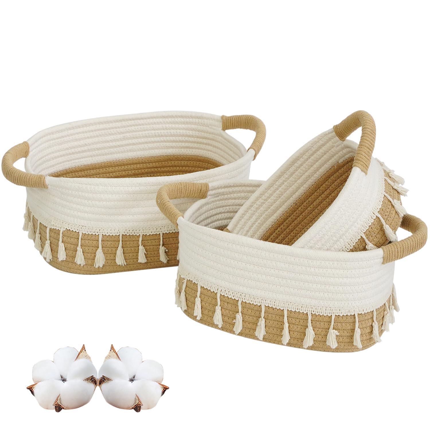 danpinera 3er Aufbewahrungskörbe Set aus Baumwollseil – Woven Rope Storage Baskets mit Griffen, Boho Quasten Deko körbchen, für Wohnzimmer, Schlafzimmer, Kinderzimmer, Große/Mittlere/Kleine Weiß-Khaki