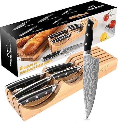 NANFANG BROTHERS Juego de cuchillos de cocina, 6 piezas de bloques de cuchillos de damasco con cuchillos de bambú, organizador de cajón, perfecto