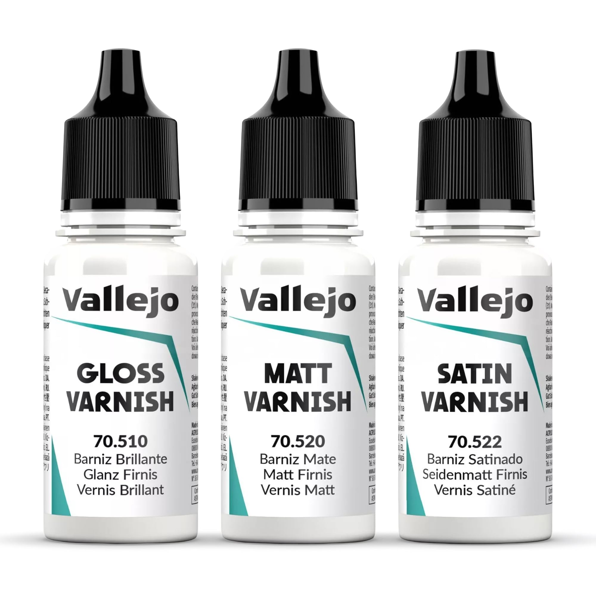 Vallejo Acrylic Resin Varnish Set – Gloss, Matt & Satin Finishes, 18ml Dropper Bottles – Fast-Drying Protective Coat for Miniatures & Scale Models