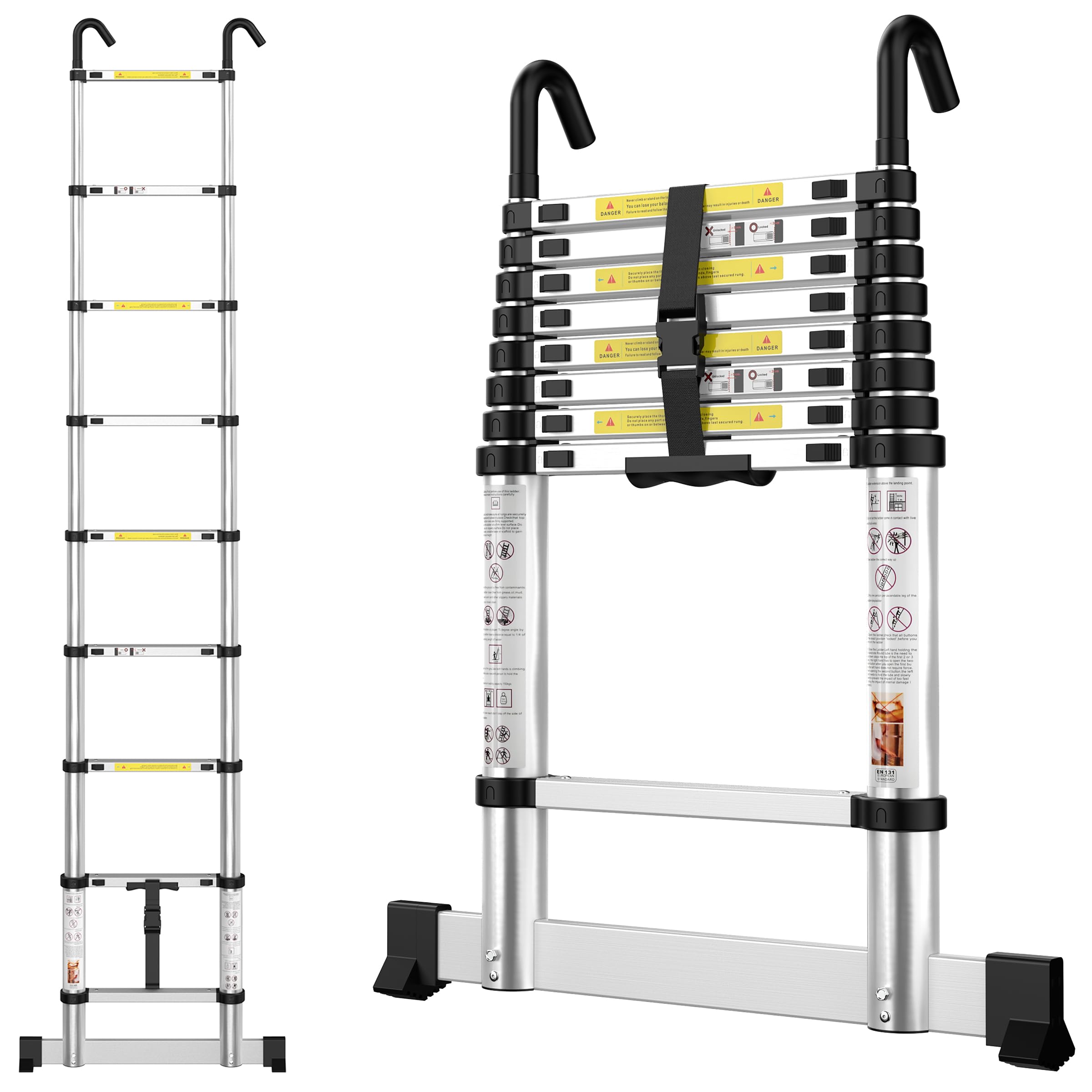 Telescopic Ladder 2.6M / 8.5FT Aluminium Extension Loft Ladder with Stabilizer Bar & Detachable Hooks, Multi Purpose Extendable Portable Ladders, 9 Steps, Black, Aluminium