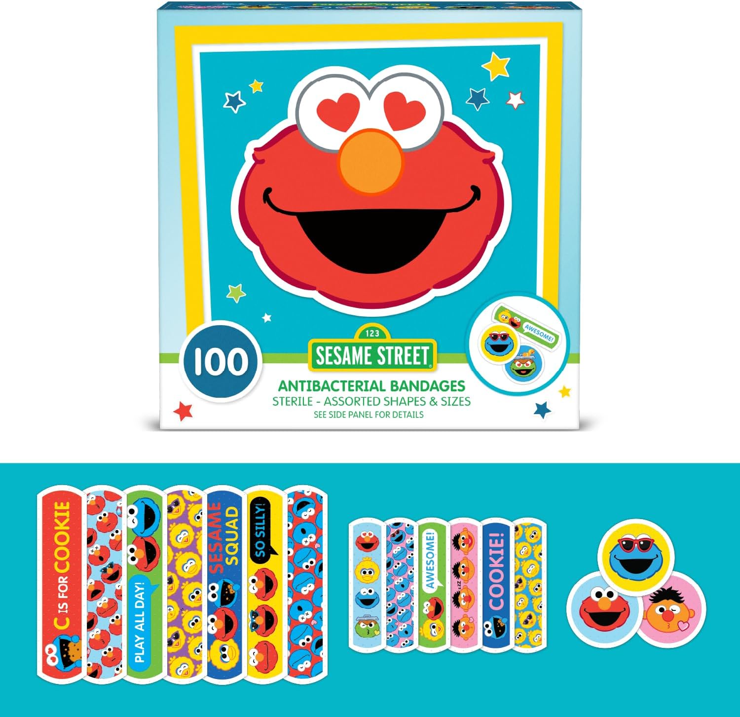 Sesame Street Kids Bandages, 100 CT | Great for Birthdays, Party Supplies Favors, Stickers, Stocking Stuffer or White Elephant Gift | Antibacterial Adhesive Bandages for Minor Cuts, Scrapes, Burns