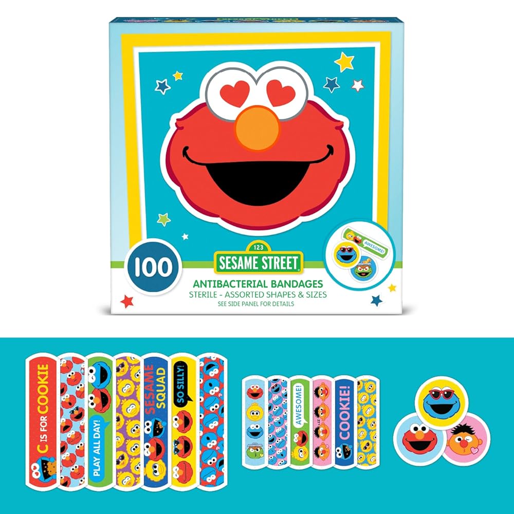 Sesame Street Kids Bandages, 100 CT | Great for Birthdays, Party Supplies Favors, Stickers, Stocking Stuffer or White Elephant Gift | Adhesive Bandages for Minor Cuts, Scrapes, Burns