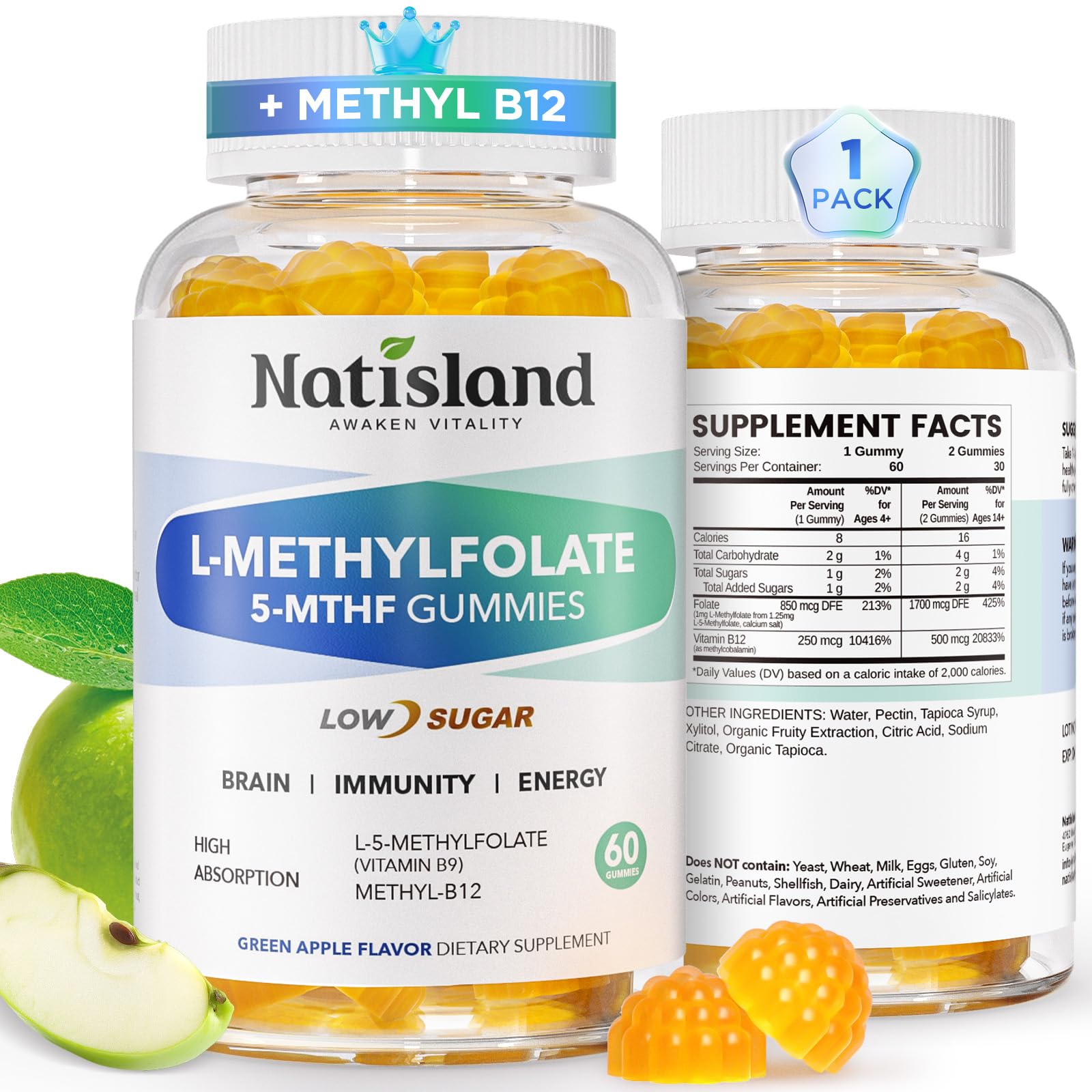 Methylfolate Gummies for Kids & Adults, L-Methylfolate & Methyl B12, 60 CT 60 Count (Pack of 1)
