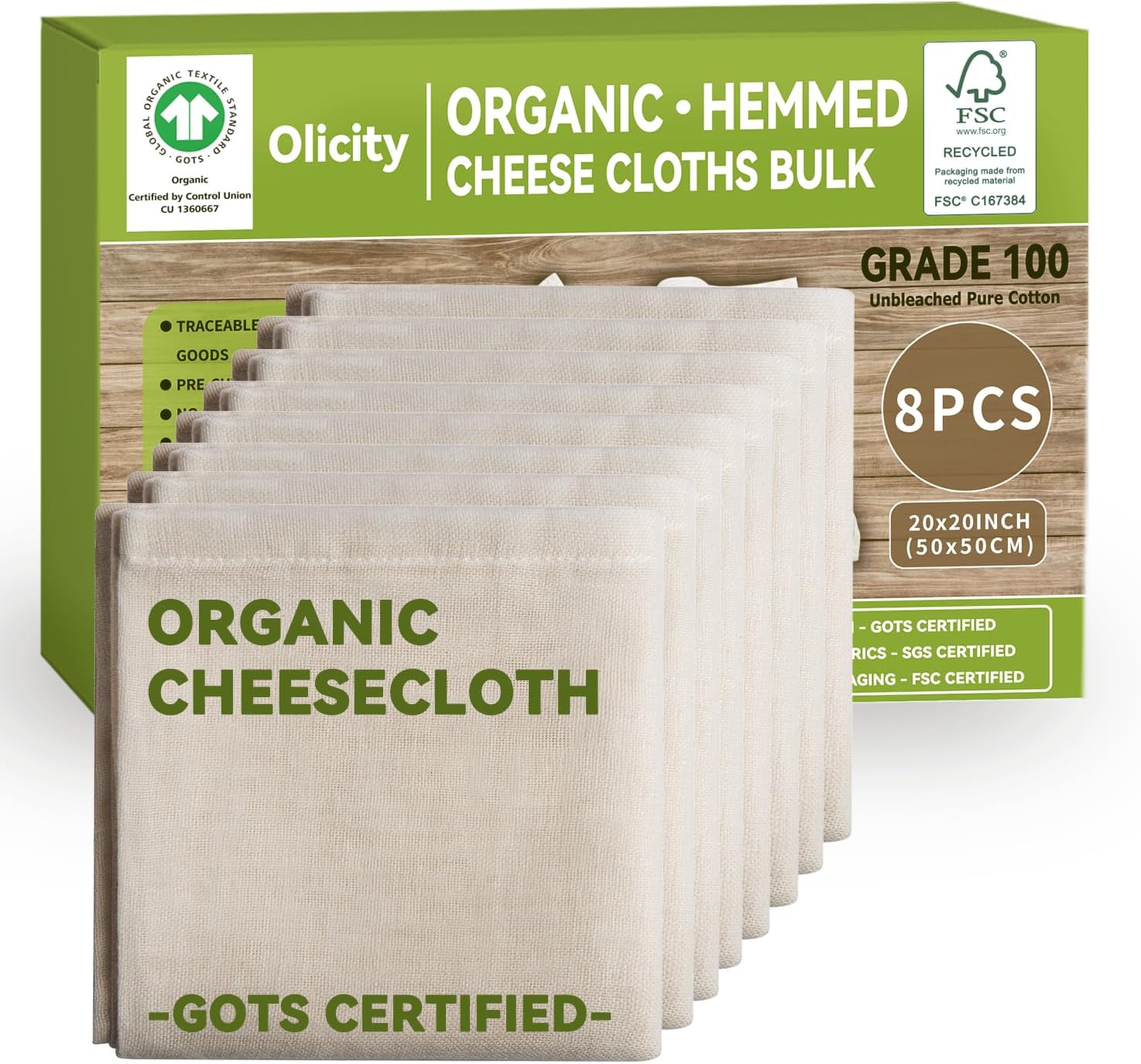 Organic Cheese Cloths, GOTS Certified, 8PCS, Grade 100, 20x20Inch Hemmed Cheese Cloth Fabric Reusable Fine Mesh Cloth, 100% Cotton Unbleached Muslin Cheesecloth for Straining, Cooking, Baking, Cheese Organic Cheese Cloths, GOTS Certified, 8PCS, Grade 100, 20x20Inch Hemmed Cheese Cloth Fabric Reusable Fine Mesh Cloth, 100% Cotton Unbleached Muslin Cheesecloth for Straining, Cooking, Baking, Cheese