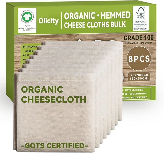 Organic Cheese Cloths, GOTS Certified, 8PCS, Grade 100, 20x20Inch Hemmed Cheese Cloth Fabric Reusable Fine Mesh Cloth, 100% Cotton Unbleached Muslin Cheesecloth for Straining, Cooking, Baking, Cheese