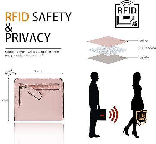Miniatura 7 de Toughergun Billetera plegable de cuero genuino para mujer, pequeña y compacta, con bloqueo RFID y ventana de identificación