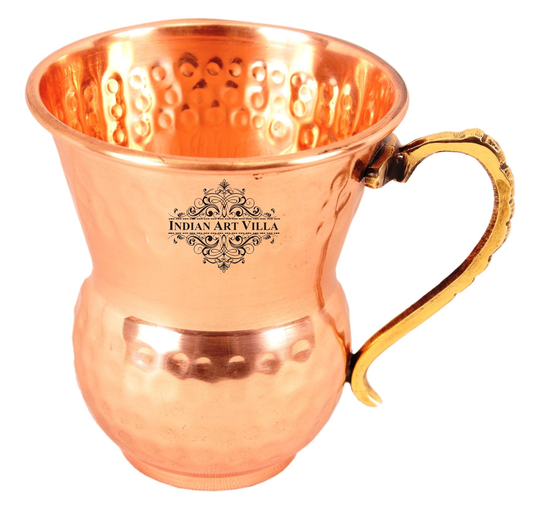 Indian Art Villa Pure Copper Beer Mug Cup, Mathat Shaped Hammered Design Moscow Mule Beer Mug Cup, Barware and Drinkware, Volume- 14 Oz, Set of 2