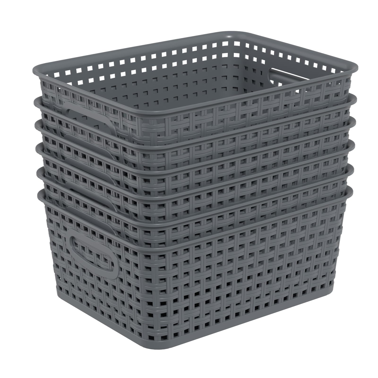 Neadas 6 Pack Plastic Weave Storage Baskets, Gray Woven Organizer Bins for Pantry, Kitchen, Cabinet, Shelf, Bathroom, Office, Classroom