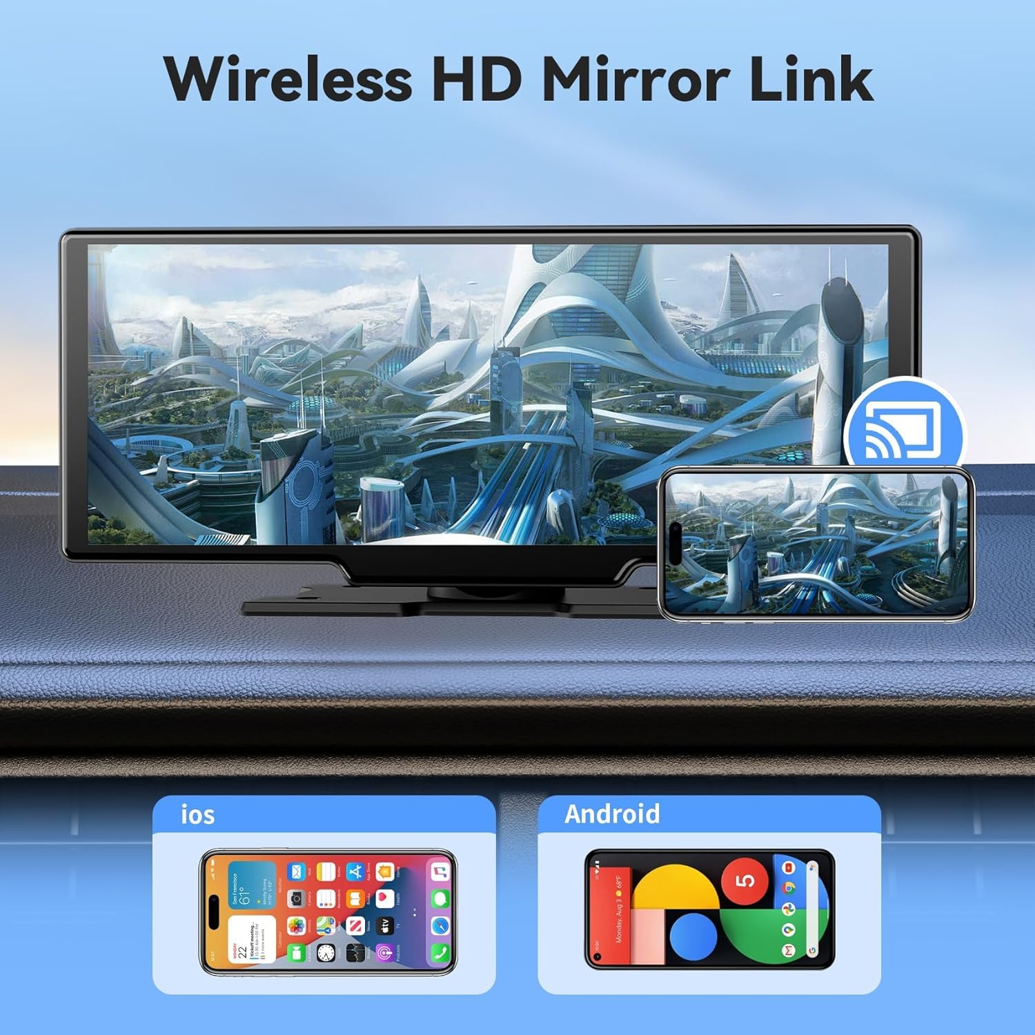 Carplay Display Android Auto Display da 10,26 pollici Wireless Android Auto Display per Auto Touch Screen con Dash Cam, Telecamera di retromarcia, Bluetooth,Siri,Bluetooth,FM, AUX,Mirror