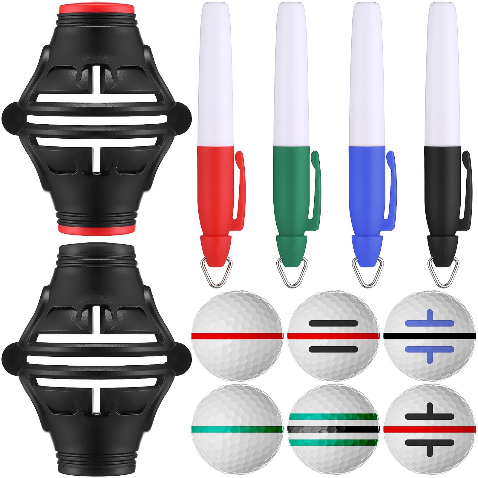 WinnerWhy 6 Pack Golf Ball Marker Line Tool 360 Degree Triple Line Ball Marker Stencil Tool Golf Accessories for Men with 2 Marking Stencils and 4 Vibrant Colors Pen